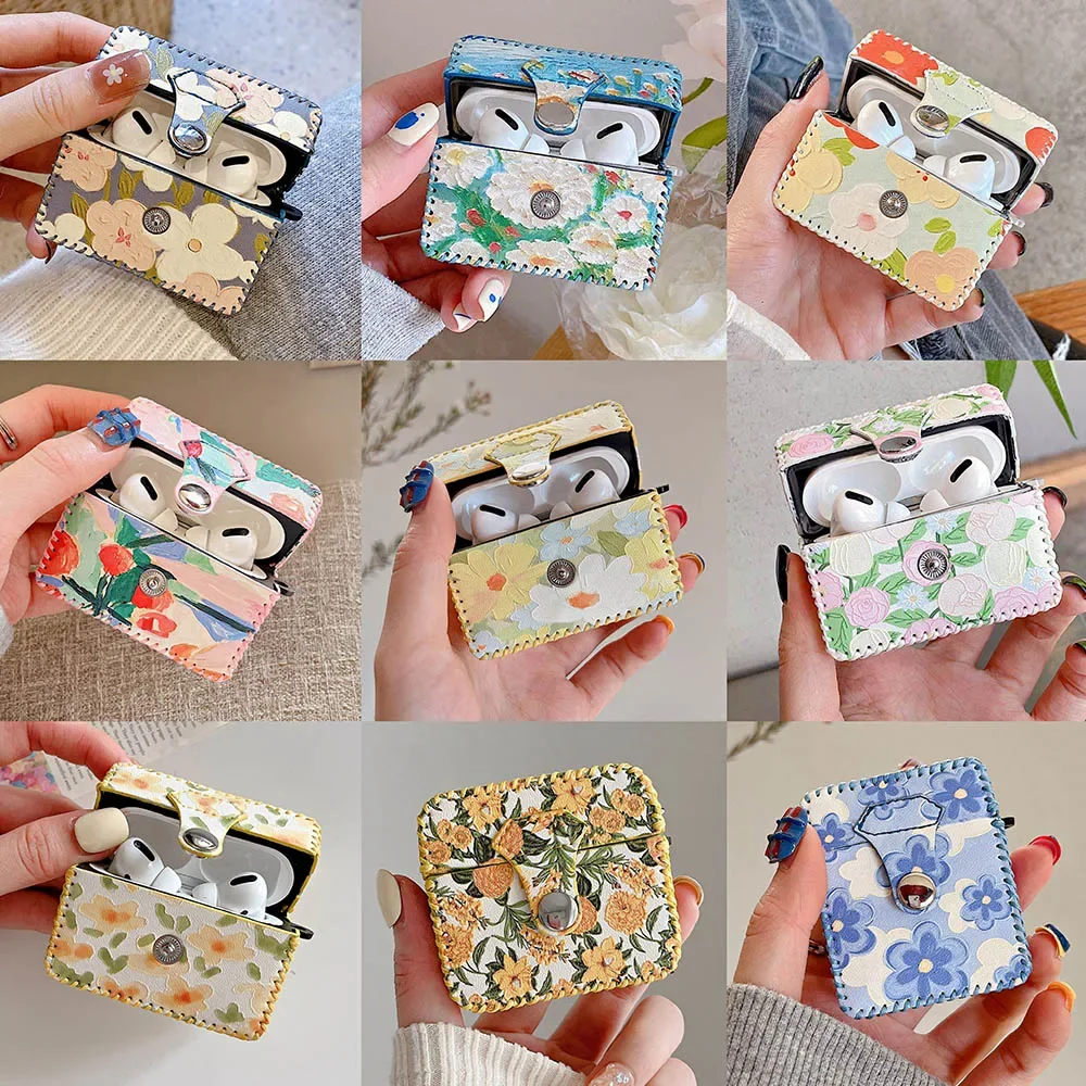 Étui Airpods 4 2 1 3 pour écouteurs, peinture à l'huile de fleurs, housse en cuir Vintage pour AirPod Pro, boîte de Protection