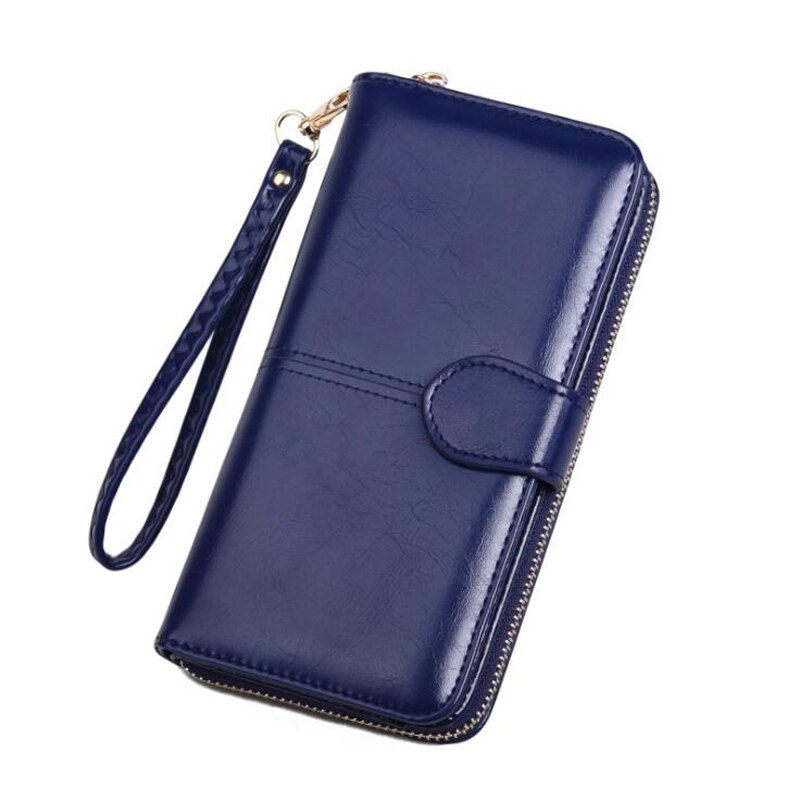 Leather Women Long Zipper Oil Wax Wallet Big Capacity Hasp Zipper Purse Ladies Long Wristlet Clutch Coin Card Holders Portomonee: blue