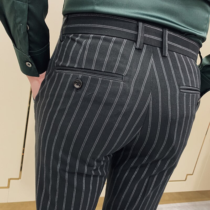 Trendy Gray Stripe Suit Pants Men Dress Pants Sweatpants Slim Fit Office Skinny Trousers Mens Joggers Slim Fit Casual Pants