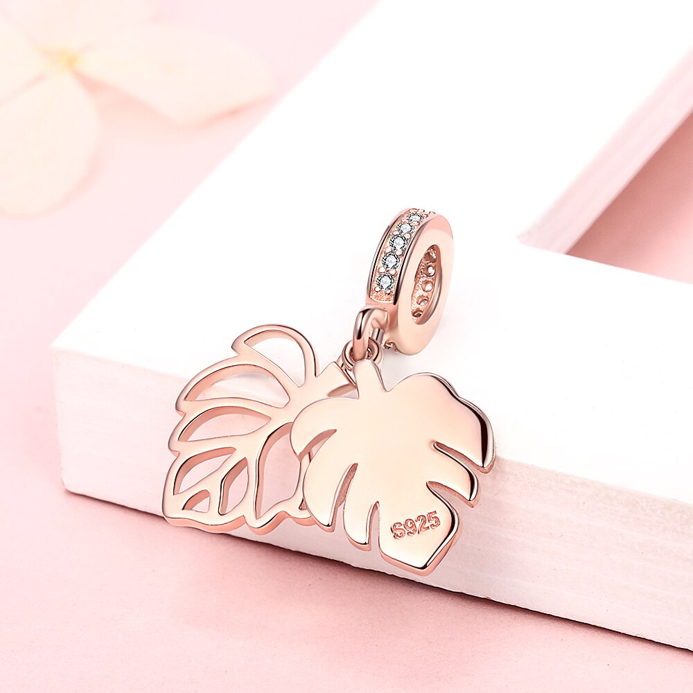 925 sterling silber Monstera perle grün emaille blatt zirkon rose gold anlage anhänger charm fit Europäischen armband für frauen Schmuck