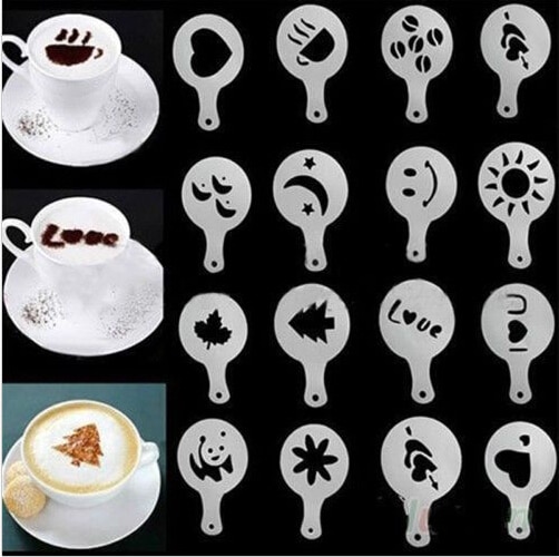 16Pcs Koffie Melk Cake Cupcake Stencil Template Dining & Bar Mold Koffie Barista Cappuccino Template Strooi Pad Duster Spray gereedschap