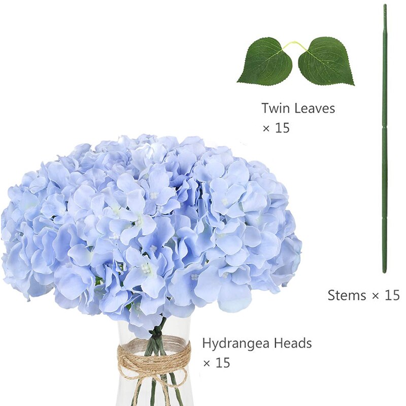 Silk Hydrangea Flowers Artificial Flowers Heads with Twin Leaves and Stems for Home Wedding Party Decorations: Sky Blue