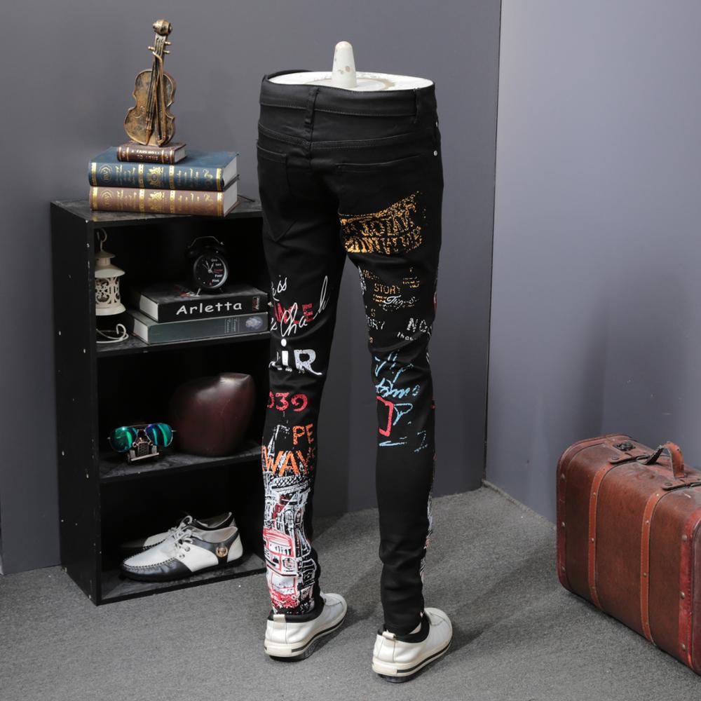 Streetwear heren jeans zwarte kleur slim fit elastische persoonlijkheid bedrukte jeans maat 28-42 hiphop jeans heren potloodbroek