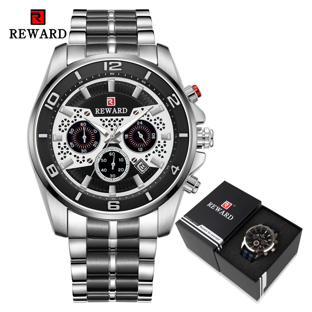Reward sport chronograaf herenhorloges volledig stalen quartzhorloge grote wijzerplaat waterdicht horloge heren gouden polshorloges relogio masculino: Zilverzwart in doos