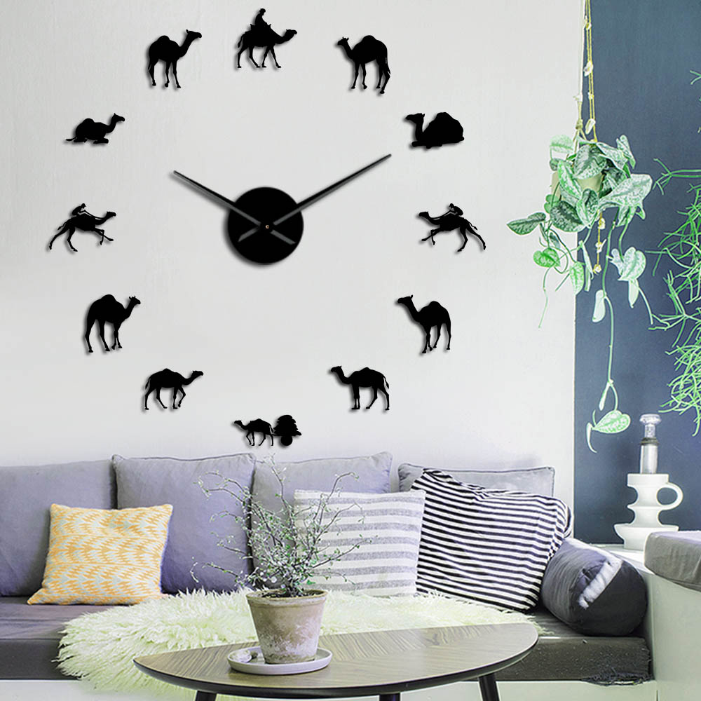 Dromedaris Arabische Woestijn Geest Dieren Spiegel Oppervlak Muur Horloge Bedouin Kameel Interieur Art Niet Tikkende 3D Muur Opknoping Horloge