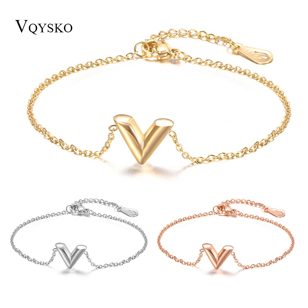 Joyería de , pulseras de acero inoxidable con letra V para mujer, brazalete con inicial ajustable, pulseras de cadena de de boda al por mayor