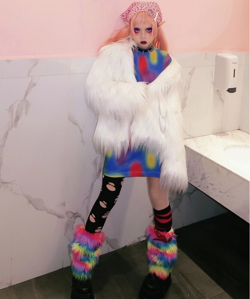 Harajuku japanilainen tyttö söpö sateenkaari pörröinen säärenlämmittimet sukat naisten talvi lämmin polvi korkea joustava jalkapeite katuvaatteet