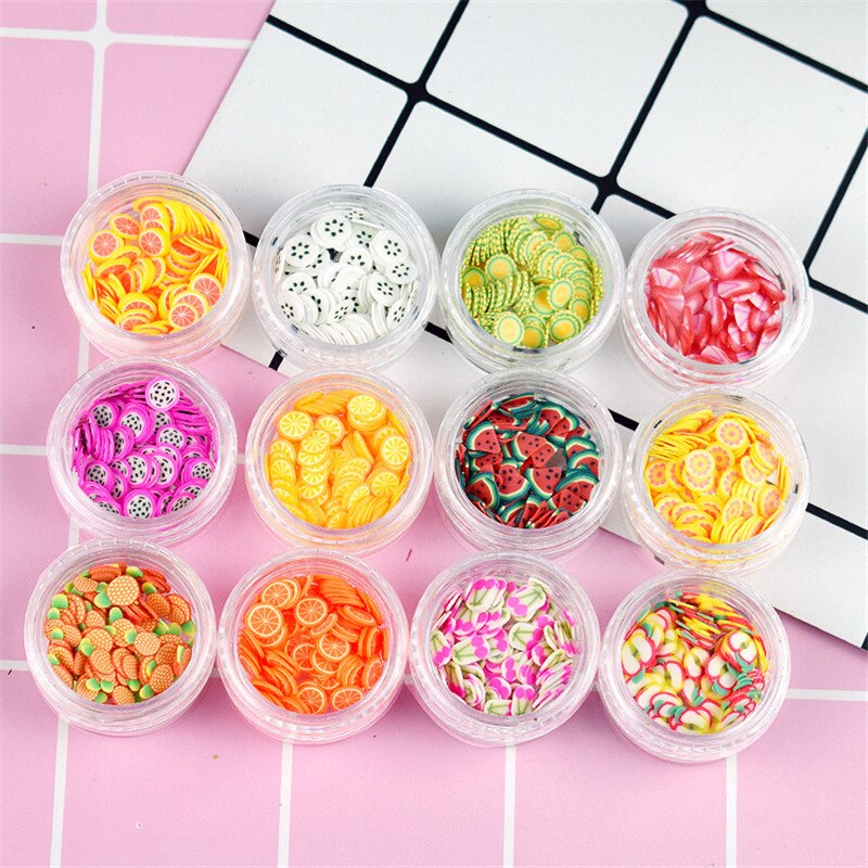 12 Gaten Slime Zachte Aardewerk Fruit Slice Pearl Sequin Sprinkles Filler Kinderen Speelgoed Boetseerklei Diy Accessoires Nail Art Tips