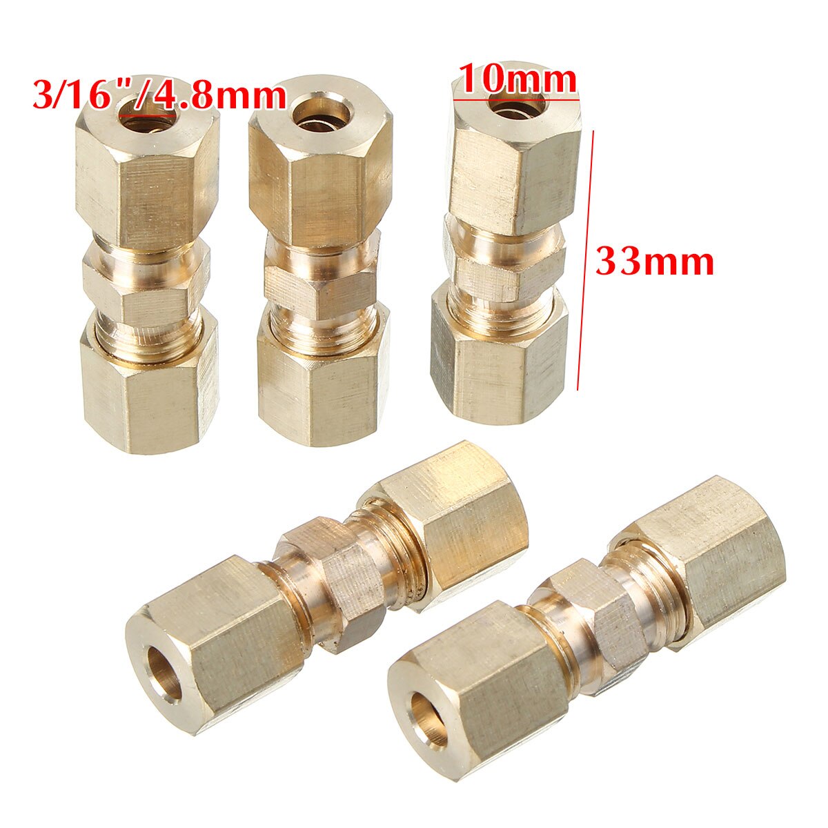 5PCS Brass Straight Reducer Compression Fitting Connector Adapters 3/16" OD Tube Hydraulic Brake Lines Union 33 x 10mm