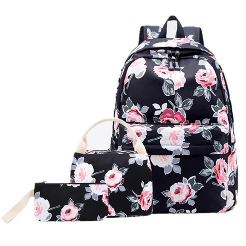 OKKID Blumen- schule Rucksack für mädchen grün blumen schule taschen buch tasche freundlicher Kuli bleistift tasche einstellen nette lebensmittel tasche: Schwarz-3