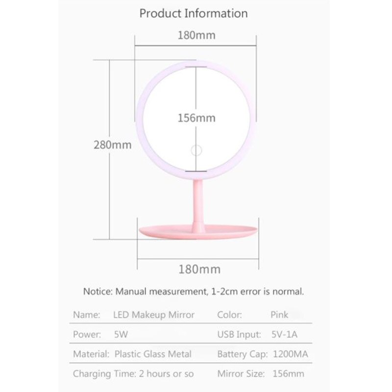 Round Makeup Mirror With Lights Led Vanity Mirror Lamp Adjustable Table Desk Cosmetic USB Face Mirror With Beauty Touch