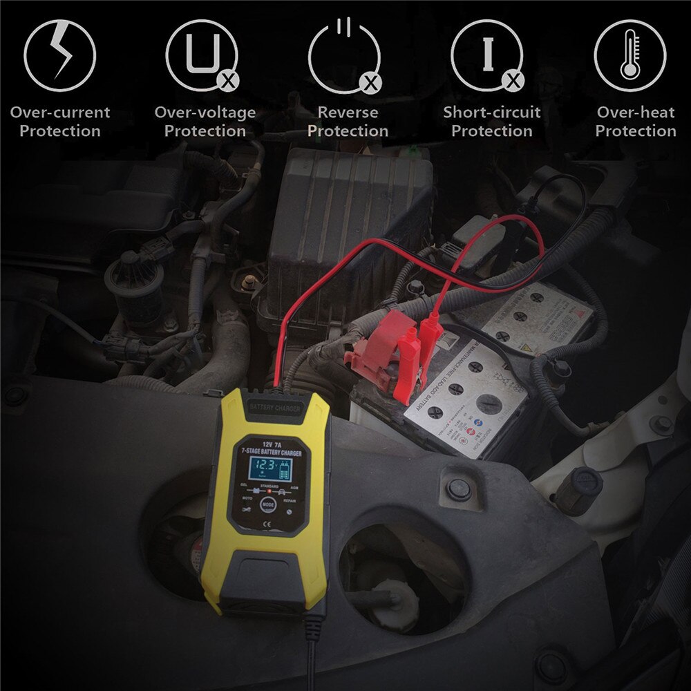12V 7A Pulse Battery Charger Digital LCD Display Motorcycle Car Battery Charger AGM GEL WET Lead Acid Smart Fast Battery Charger