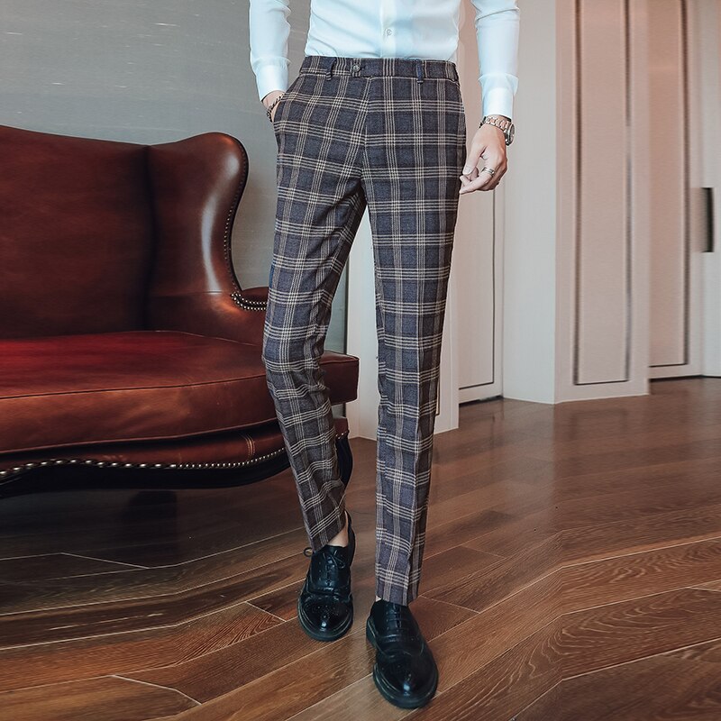 Mænd plaid jakkesæt bukser slanke bryllup banket mænd kjole bukser størrelse 29 30 31 32 33 34 36 38 40 mand afslappet bukser