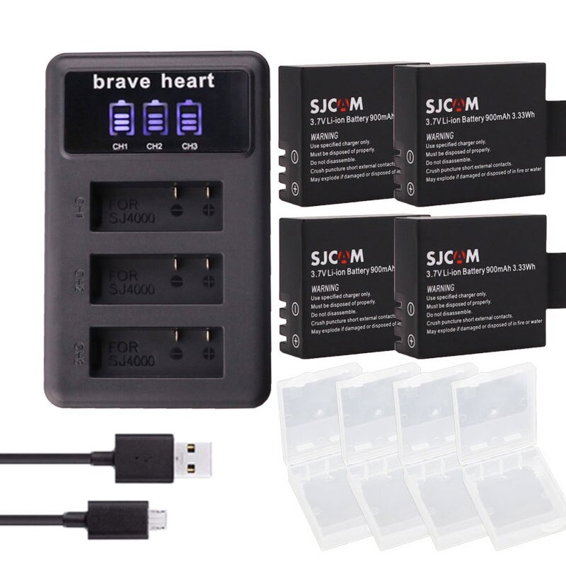 4X SJCAM Sj4000 batería + 3 lotes LCD cargador para SJCAM SJ4000 SJ5000 SJ6000 SJ8000 EKEN 4K H8 H9 GIT-LB101 GIT PG900 1050 SJ M10: charger and 4battery
