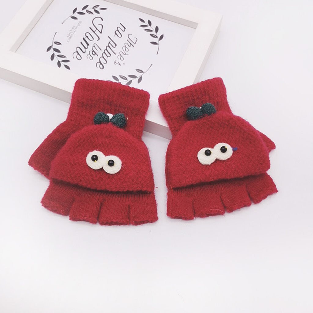 Children Kids Boys Girls Winter Cartoon Cat Patchwork Color Warm Knitted Gloves Kids Boy Girl Convenient Half-finger Gloves
