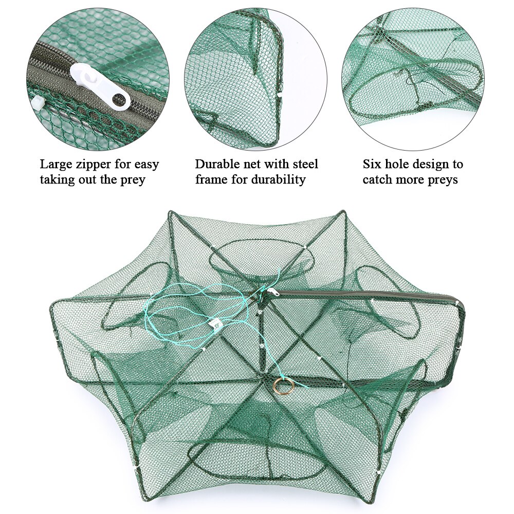 Filet de pêche pliable hexagone 6 trous filet de pêche piège à écrevisses piège à crabe méné appâts filet à mailles pour la pêche à la carpe