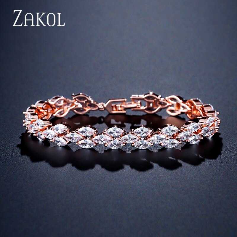 Zakol na moda casamento romano pulseiras marquise corte claro zircão cúbico folha pulseiras & bangles para festa feminino fsbp130: Rose Gold