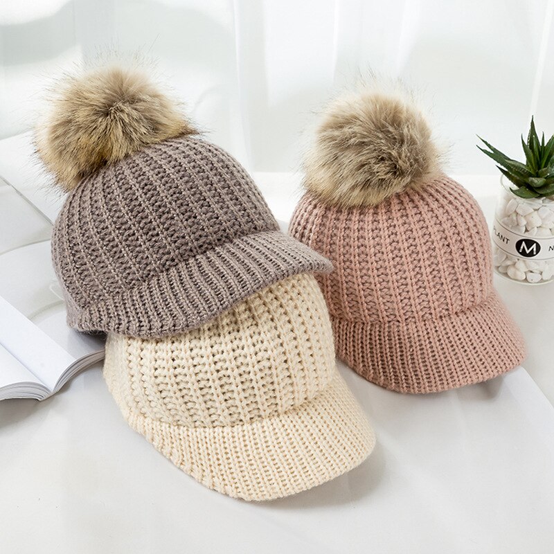 Stickad babymössa pompom vinterkeps för barn justerbar solid baby vintermössa tillbehör barnmössa för 2-5 år 1pc