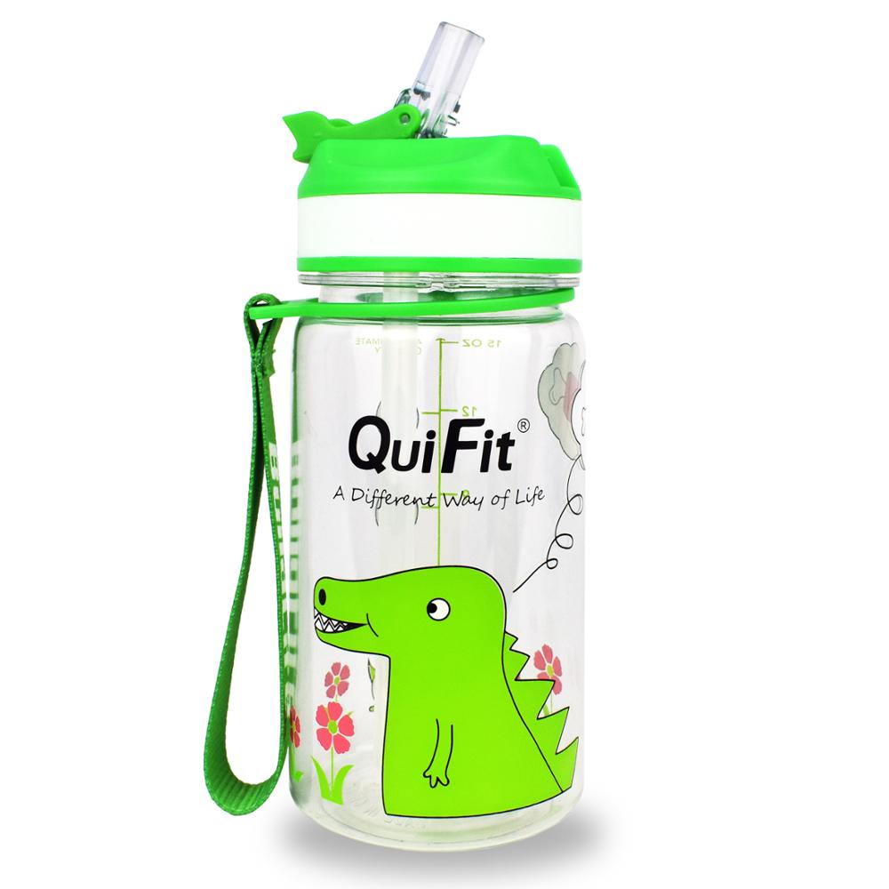 Quifit Tritan Water Bottle 450ml BPA Free Children Bottles Ourdoor Jug Tour Bottles Lovely Kettle for Kids: Green with straw