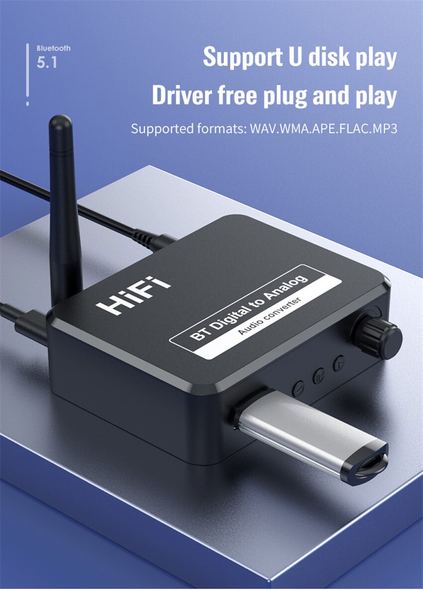 Bluetooth Audio Receiver Digital to Analog DAC Converter 3.5mm AUX Jack RCA L/R U Disk SPDIF Stereo Car Speaker Wireless Adadper