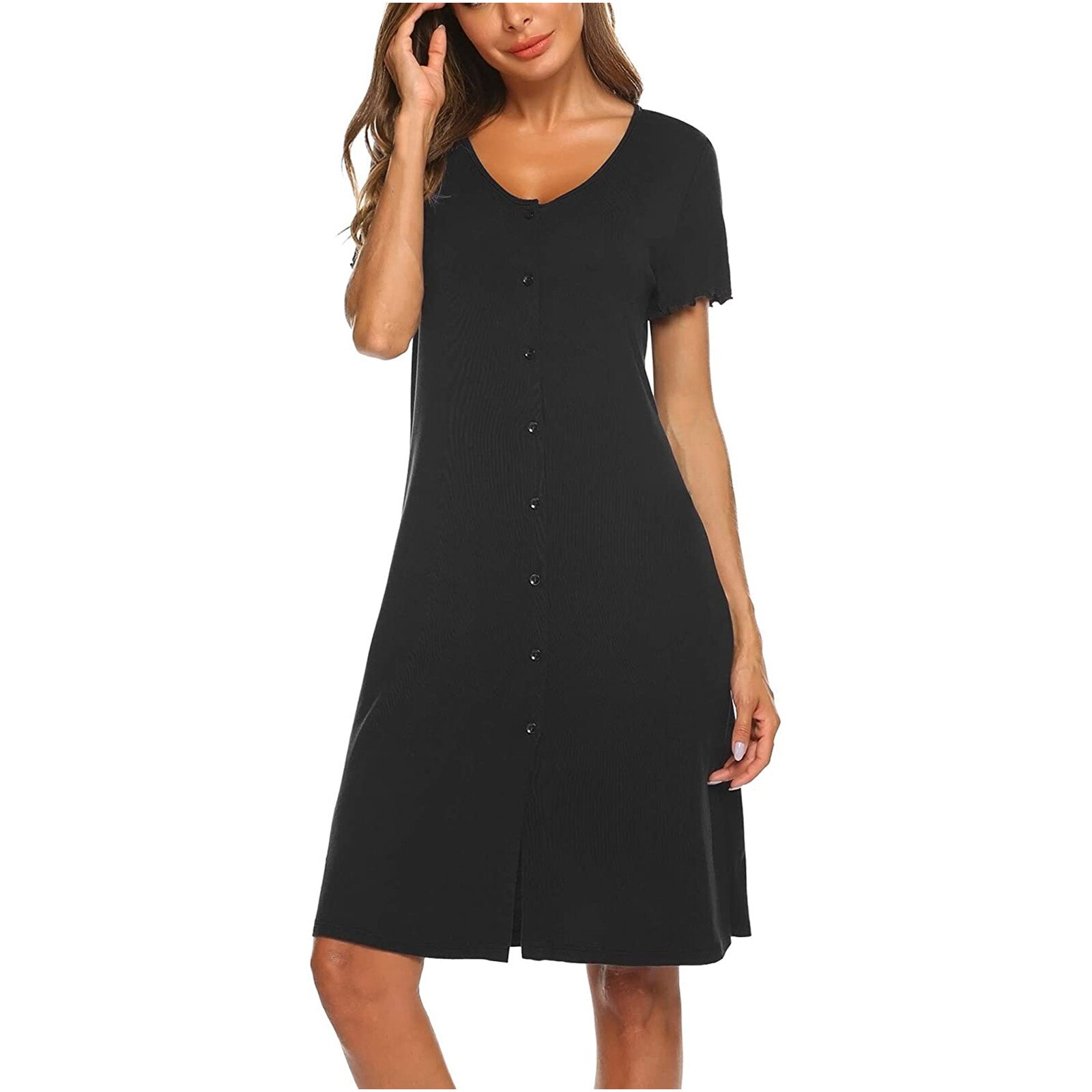 Dress For Pregnant Women O-Neck Solid Buttons Short Sleeve Pregnant Woman Dress Maternity Dress одежда для беременных: BK / M
