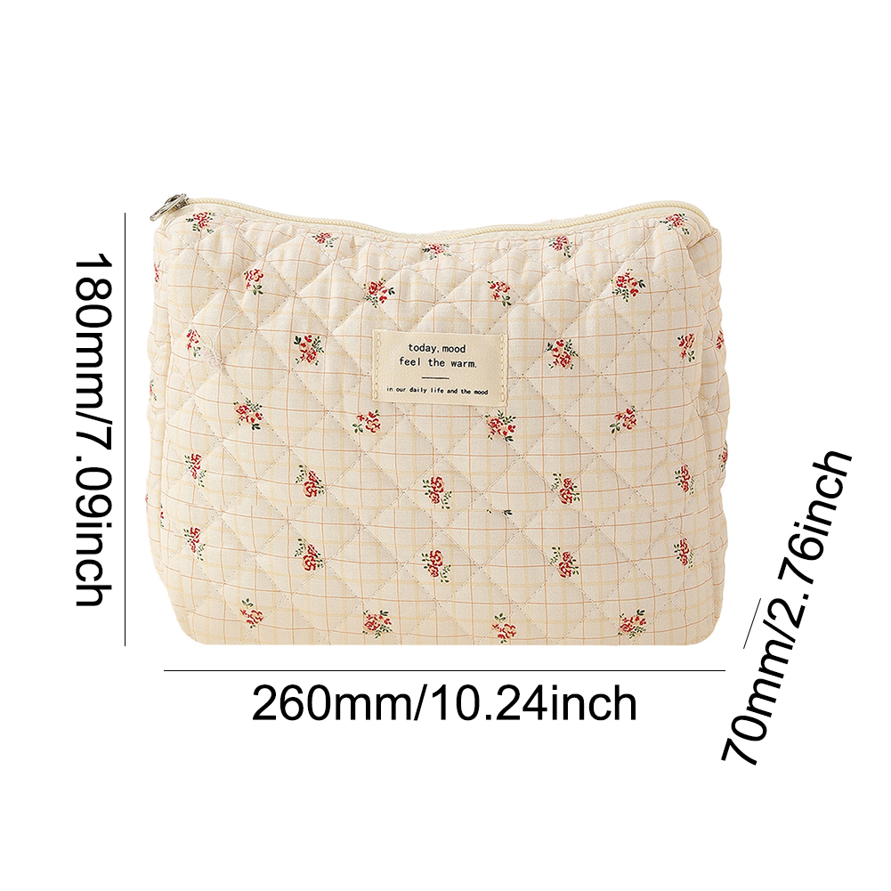 3pcs/set Ladies Quilted Cotton Storage Bag Aesthetic Printed Makeup Bag Women's Large Capacity Toiletry Organizer Cosmetic Pouch: Ivory