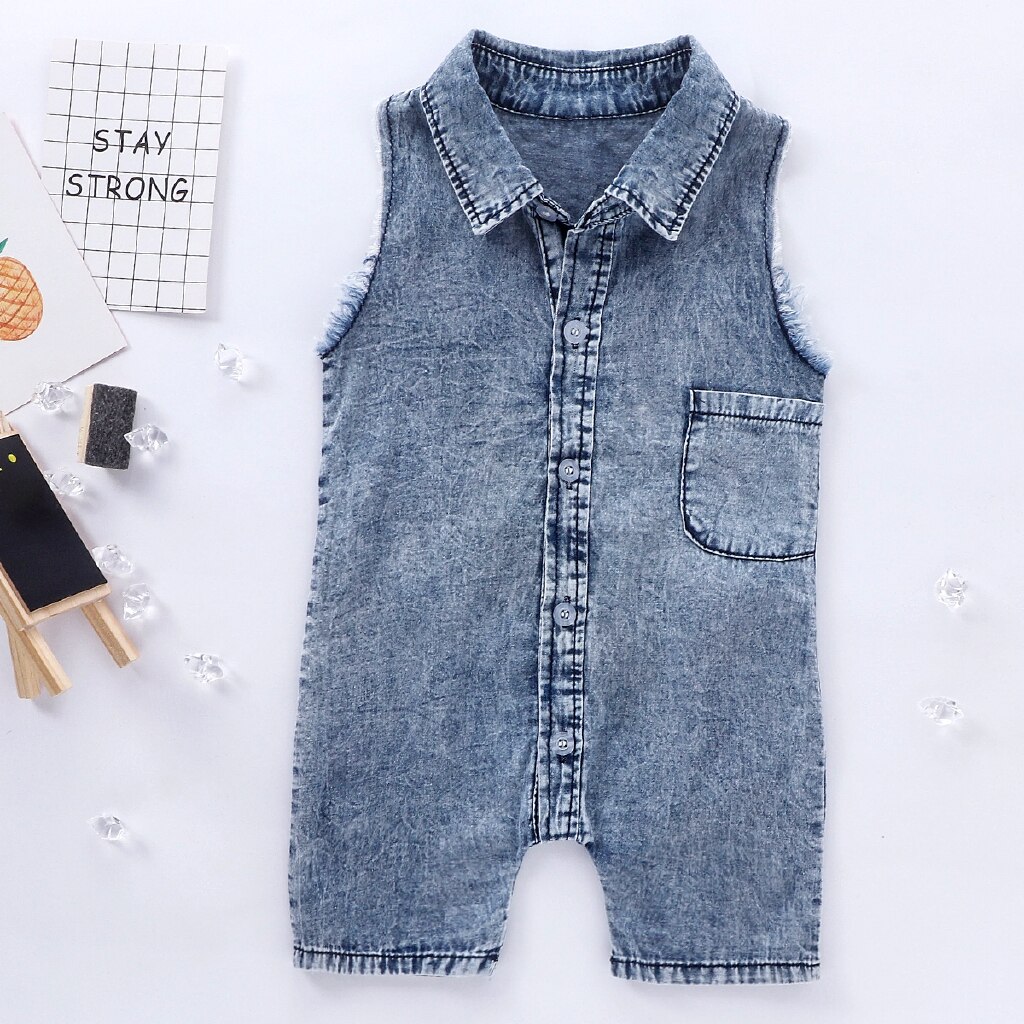 Bébé Été Denim Barboteuse Enfant En Bas Âge -Né Bébé Garçon Fille Sans Manches Bouton Poche Barboteuses Infantile Jumpsuit Vêtements Décontractés Tenues
