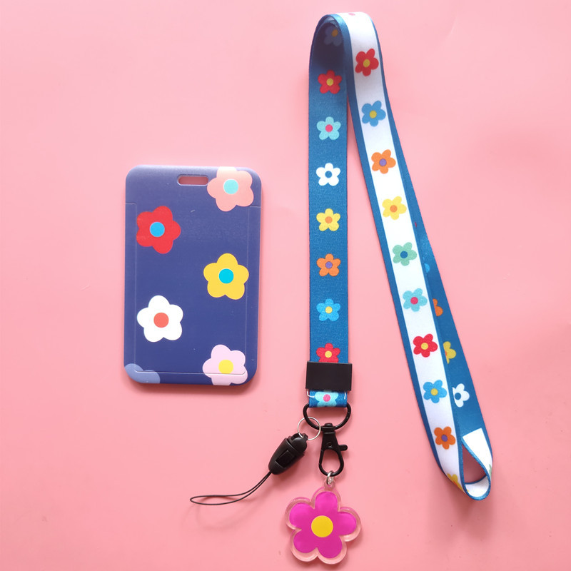 Porte-cartes à fleur mignon, Japon et Corée du Sud, ensemble de cartes rouges net, porte-cartes d'identité, accessoires suspendus, lanière de chaîne continent, bricolage: bleu foncé
