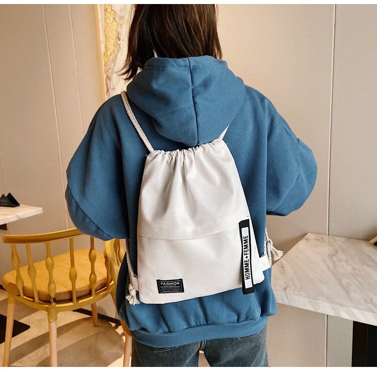 Drawstring Closure Classic Backpack Women Solid Color Shoulder Bag Messenger Bag Tote Bucket Bag: White