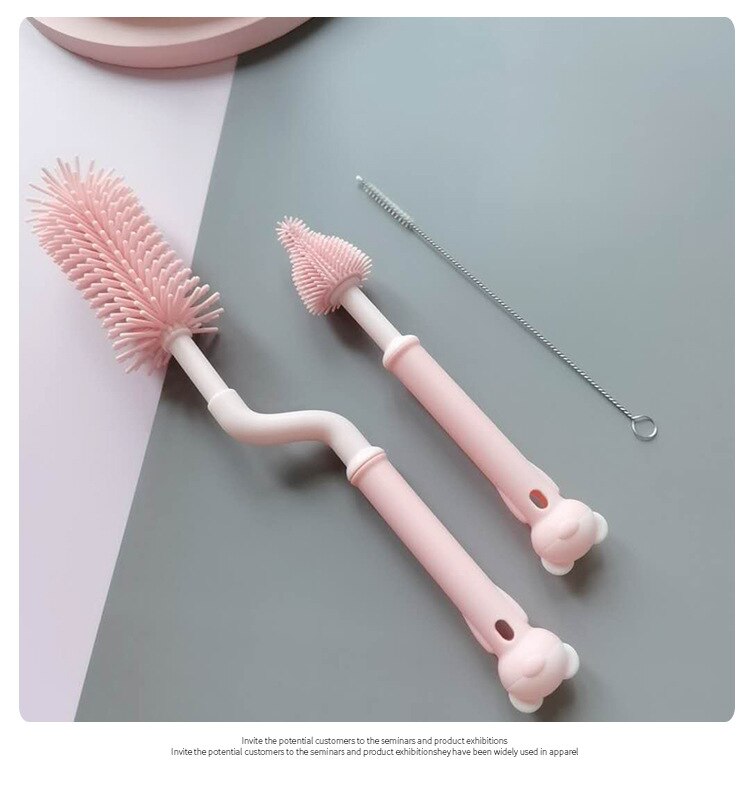 Spazzola multifunzionale del biberon del silicone del bambino dell&#39;orso sveglio del fumetto spazzola di biberon a manico lungo del bambino rotante di 360 gradi