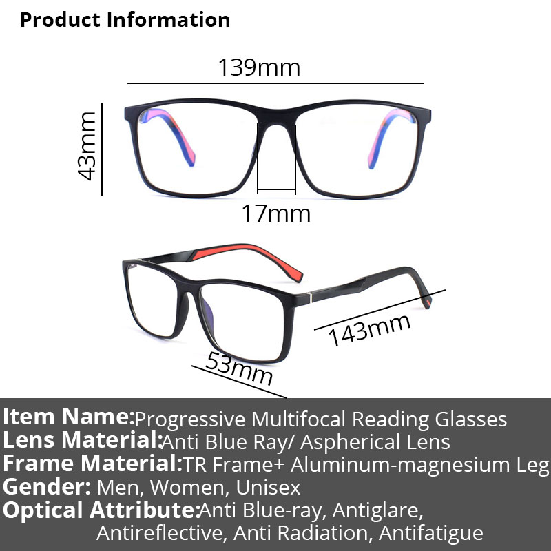 Gafas de lectura multifocales progresivas para hombre y mujer, lentes con bloqueo de luz azul TR90, montura cuadrada deportiva de aluminio y magnesio, UV400 + 2 3