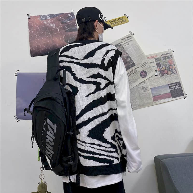 Streetwear punk kamizelka kobiety mężczyźni topsTrend ins biodro-chmiel ulica czarno-biały wzór zebry bez rękawów kamizelka z dzianiny sweter kamizelka