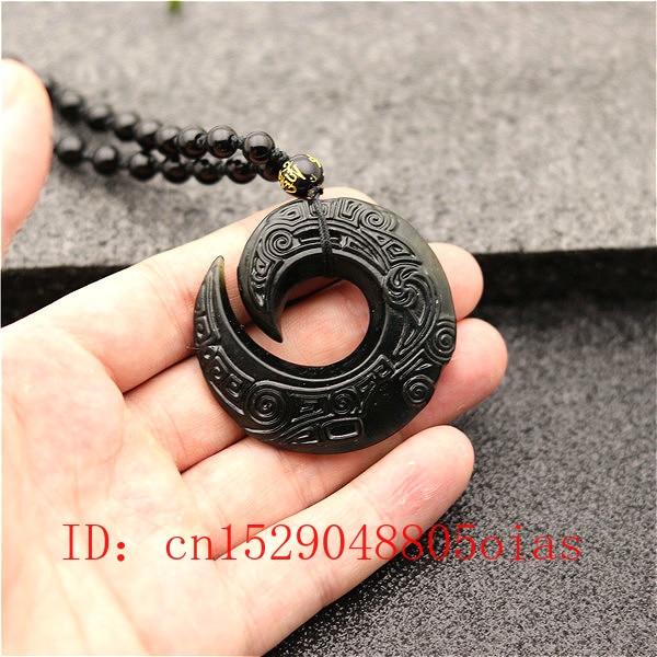 Chinesische Natürliche Schwarz Grün Jade Dekorative Rune Anhänger Perlen Halskette Charme Schmuck Obsidian doppelseitige Geschnitzte Amulett