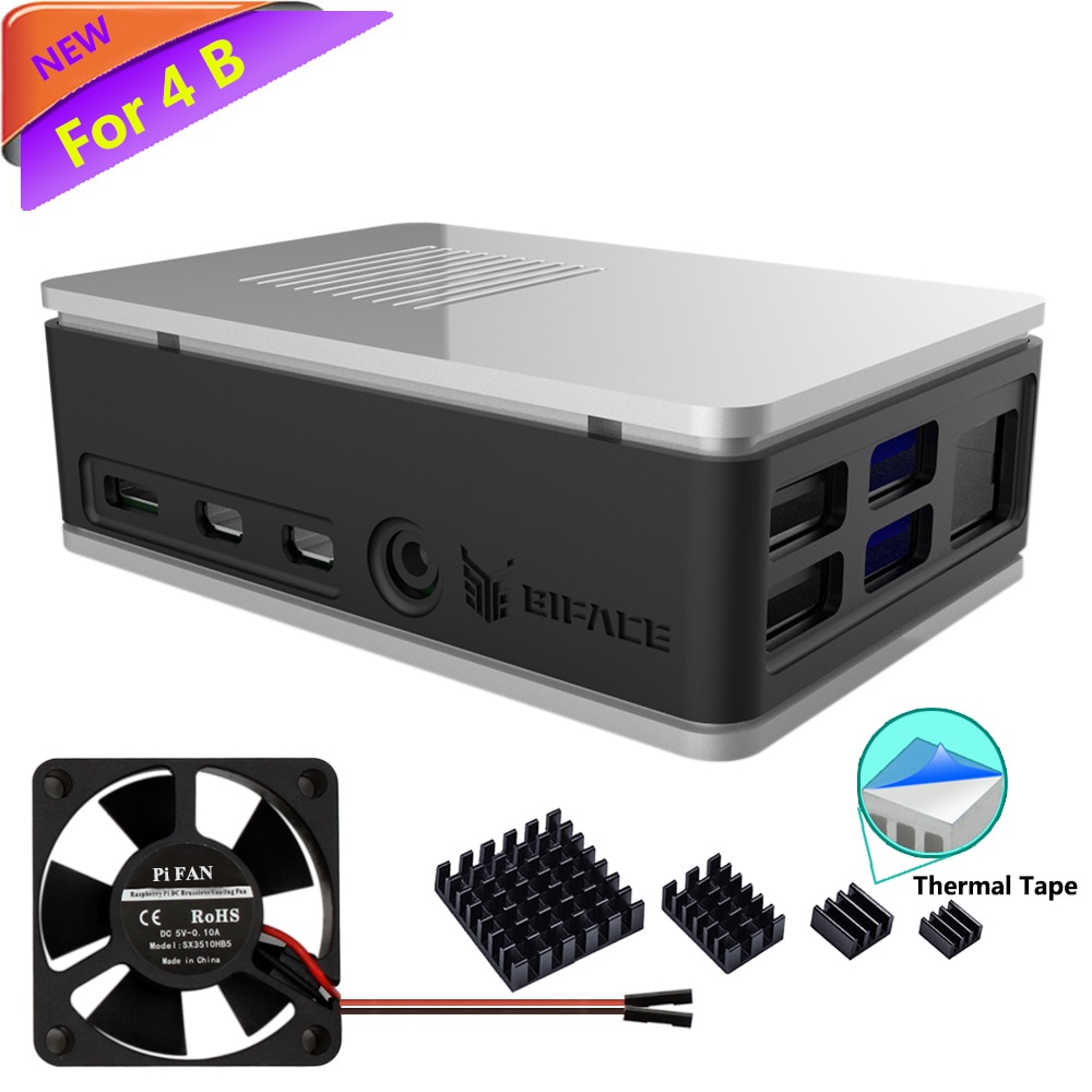 Raspberry Pi 4 Case BIFACE Aluminium Case with Cooling Fan Heatsink Simple Replaceable Removable Top Cover for Pi 4 Model B/ 4B