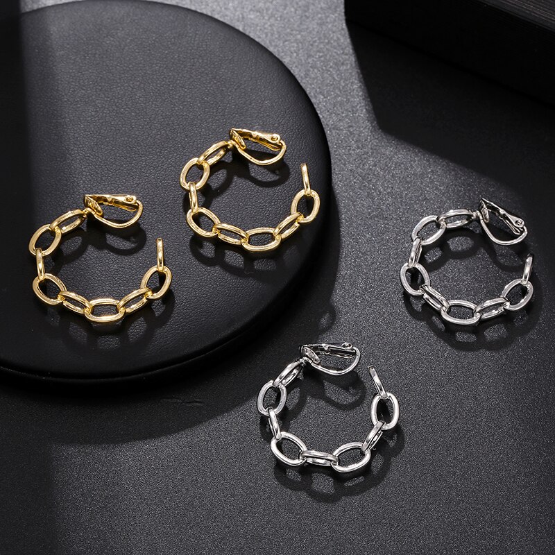 Brincos punk gótico geométricos, brincos de argola sem piercing de ouro estilo punk retrô, presilha para orelha