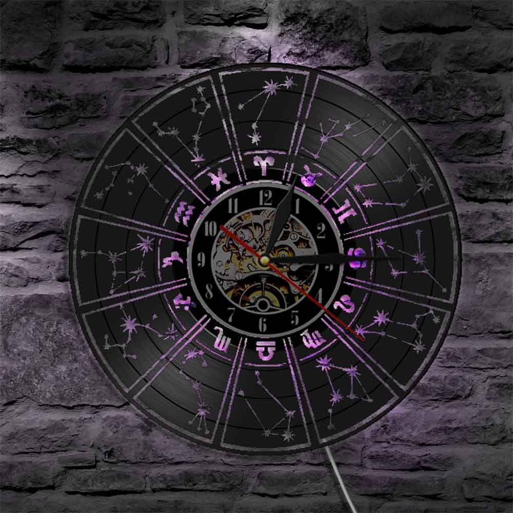 Zodiac Sign Wall Clock Astrology Stars Vinyl Record Wall Clock with Illuminated LED Light Living room Home Decor Zodiac