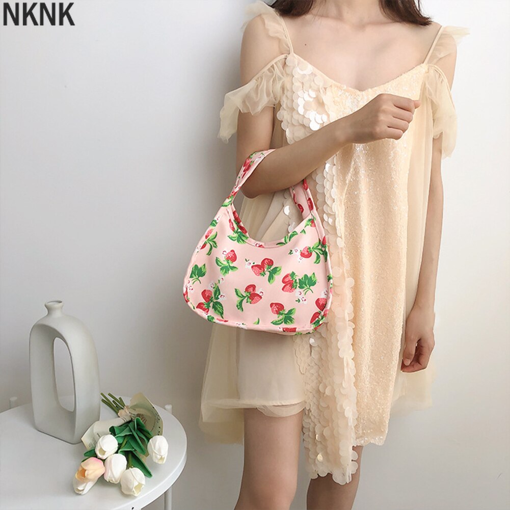 Aardbei Patroon Canvas Dames Onderarm Schoudertassen Vintage Vrouwen Hobos Baguette Bag Zomer Vrouwelijke Kleine Schattige Clutch Purse