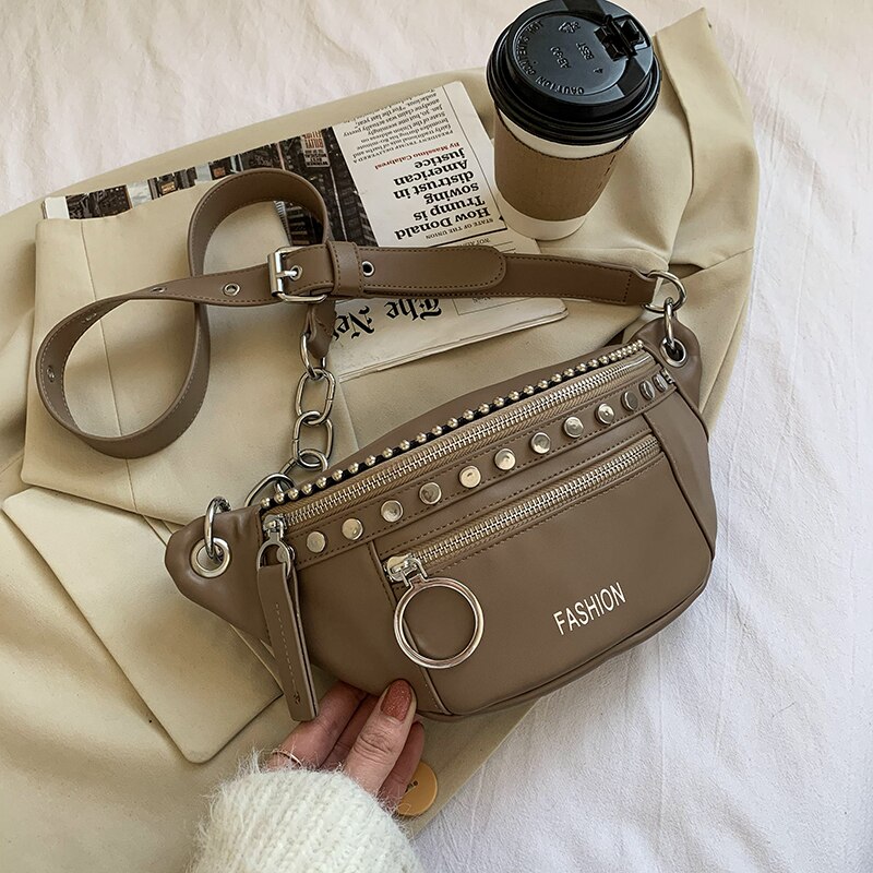 Niet Schulter Tasche Für Frauen Trend PU Brust Tasche Kette Einfarbig Umhängetasche Reise Luxus Handtasche Sack Weichen: khaki