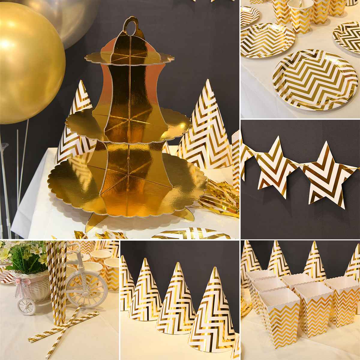 Gouden Streep Serie Party Decoratie Wegwerp Servies Sets Papieren Borden Banner Popcorn Dozen Voor Kinderen Verjaardag Baby Shower
