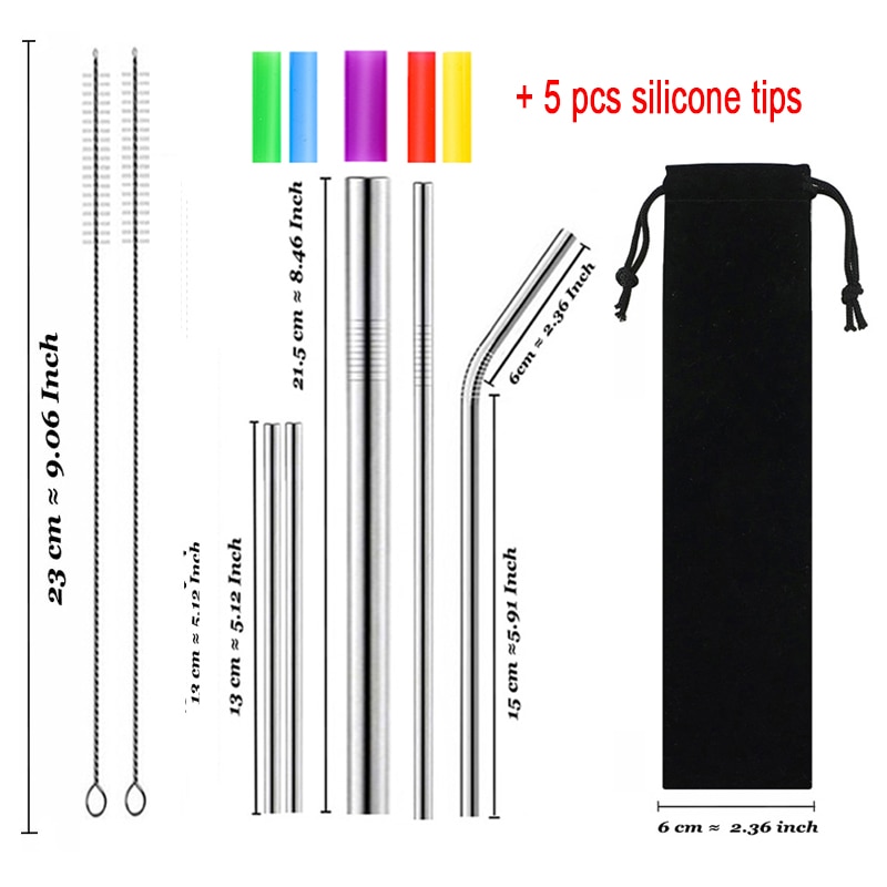 De Metal reutilizable 304 pajas de acero inoxidable recto doblado pajita para beber portátil pajitas con cepillo bolso accesorio de la barra