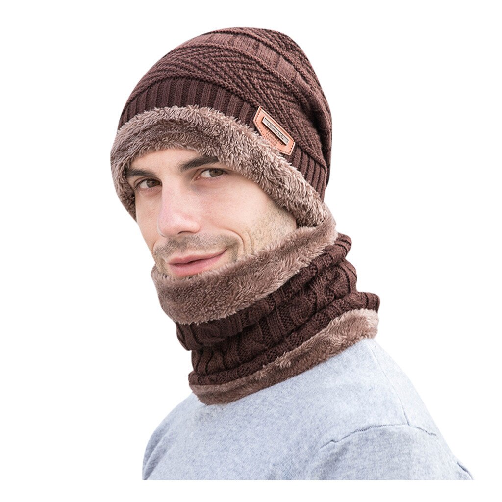 Mænds vinter hat krave sæt plus fløjl tyk strik hat og lyddæmper efterår og vinter varm tykkere tørklæder tørklæde tilbehør