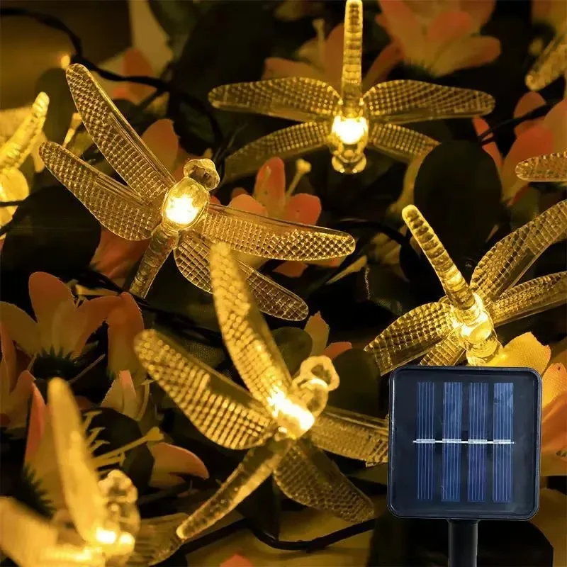 Luzes de corda de libélula solar 20led luz de fadas guirlanda iluminação de férias para casamento ao ar livre jardim árvore pátio festa decoração