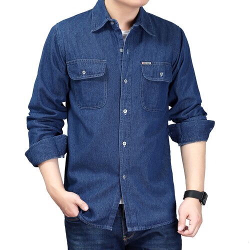 Cowboy skjorte herre forår denim bluse lange ærmer herre plus størrelse solid blå bomuld work casual skjorter til mænd dress shirt: Mørkeblå / L
