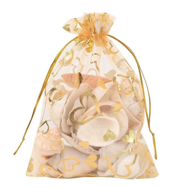 100Pcs 9X12 Cm Sheer Trekkoord Hart Organza Sieraden Pouches Wedding Party Kerst Favor Bags (Goud)