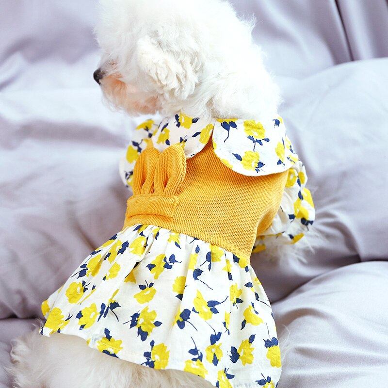 PETCIRCLE ropa de perro Pequeña Flor Amarillo vestido de pana de perro pequeño cachorro de gato para mascota toda la temporada Bonito traje para mascotas ropa falda