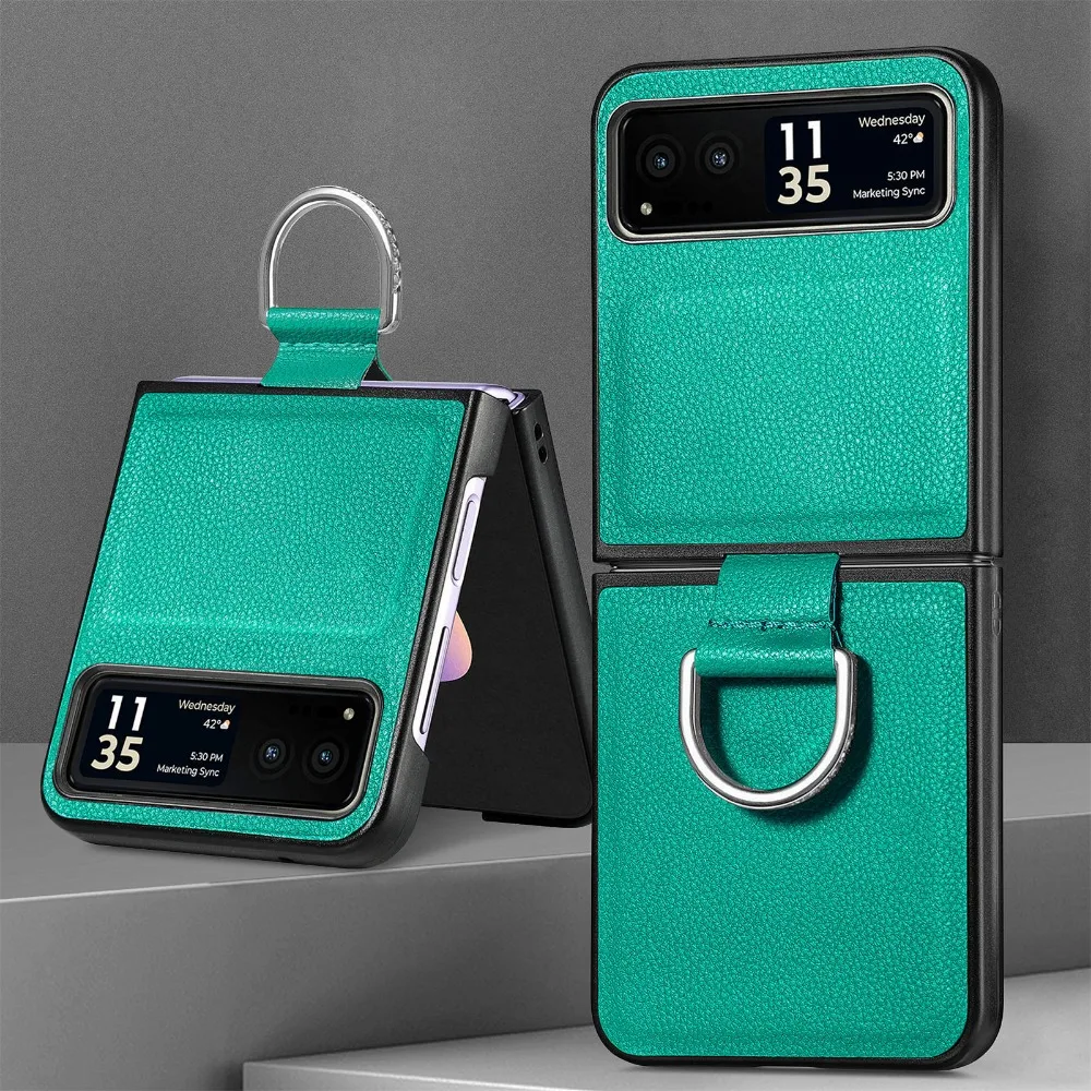 Capa de telefone luxuosa de couro pu para motorola moto razr 60 50 40 ultra com anel padrão de lichia pu tela dobrável capa protetora traseira: green / Motorola Rázar 60