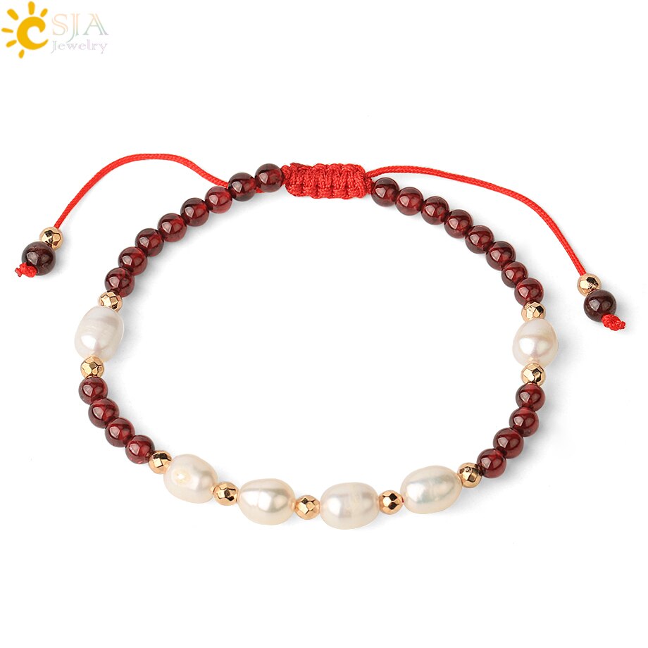 Csja Strand Armband 4 Mm Natuursteen Witte Parel Kristal Kralen Verstelbare Gevlochten Armbanden Voor Vrouwen Mannen Healing Sieraden G482: Garnet