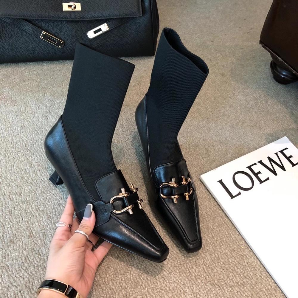 Dames sokken laarzen instappers dunne middelhoge hakken puntige enkellaarsjes stretch botas zwart bruine korte laarzen vrouw: Zwart / 7.5