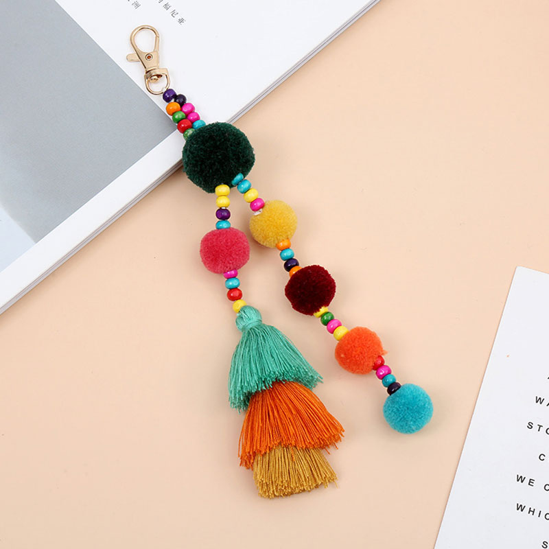 1pc Boho Style Colorful Keychains Wooden Beads Pompom Keyring With Rainbow Tassel Jewelry For Summer Women