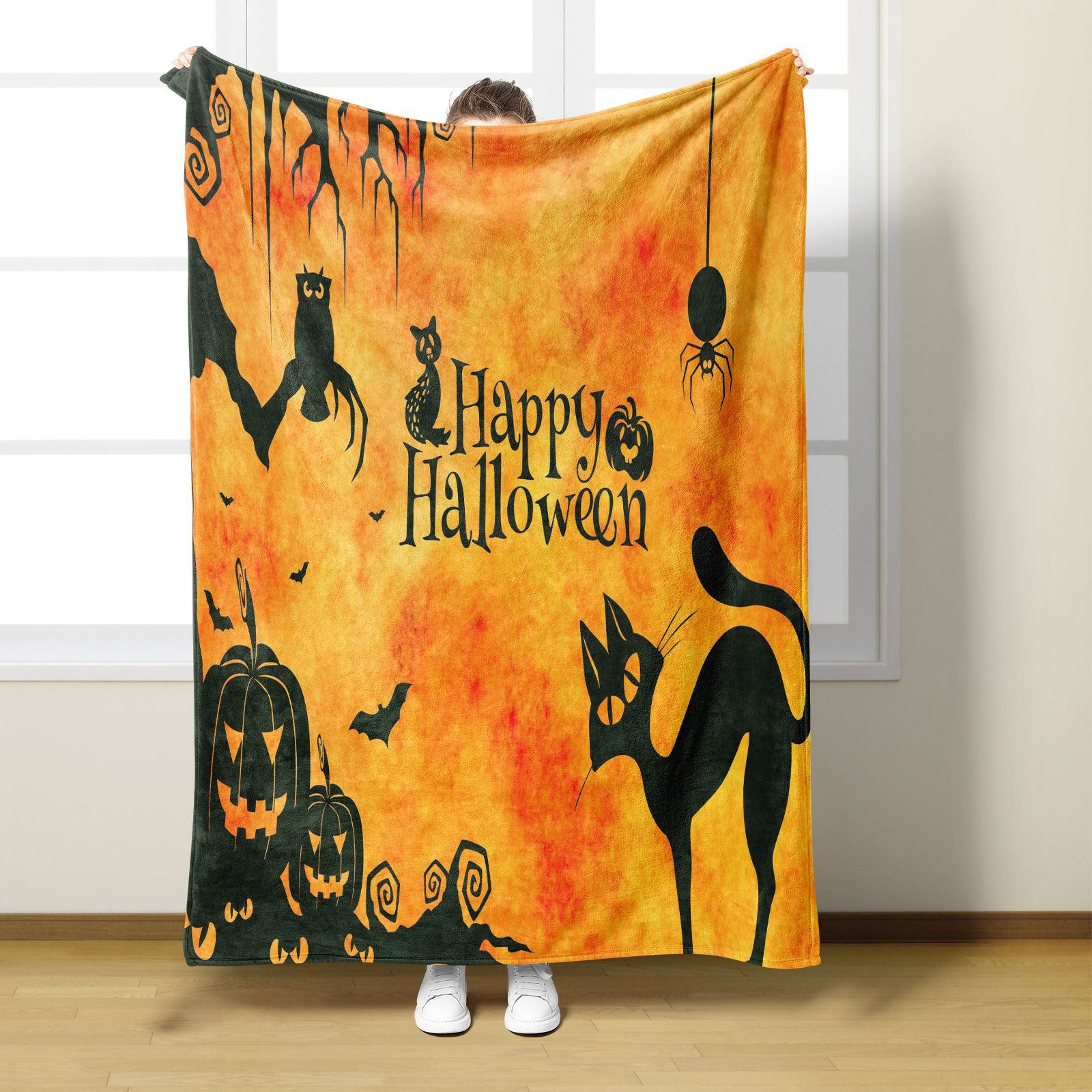 Orangefarbene Halloween-Flanelldecke für Höhle Winter, warm, weich, Karikatur-Kürbis, Digital bedruckt, Überwurfdecken für Sofa, Bettdecke